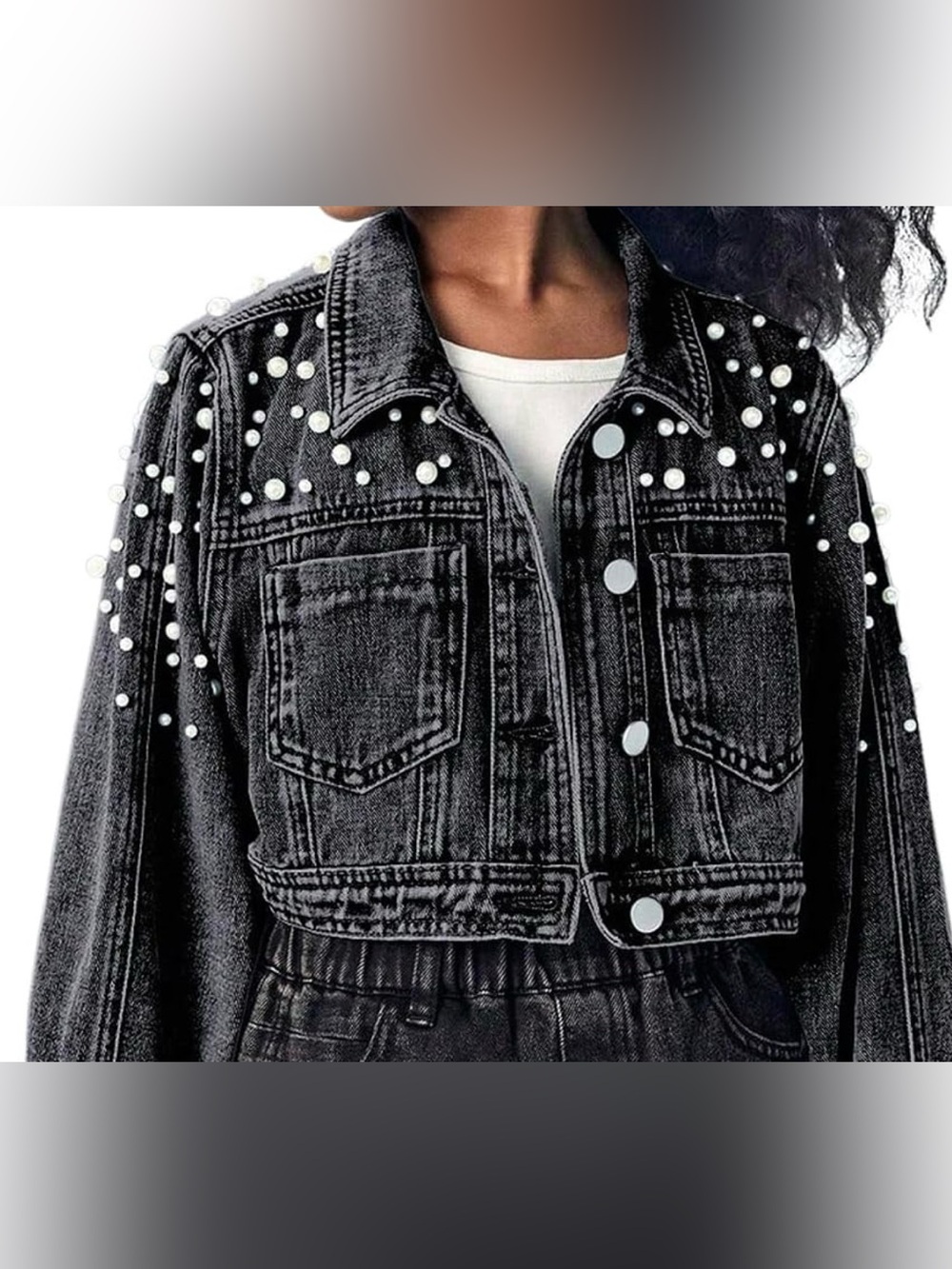 Girls Pearl-Embellished Black Cropped Denim Jacket - size 12